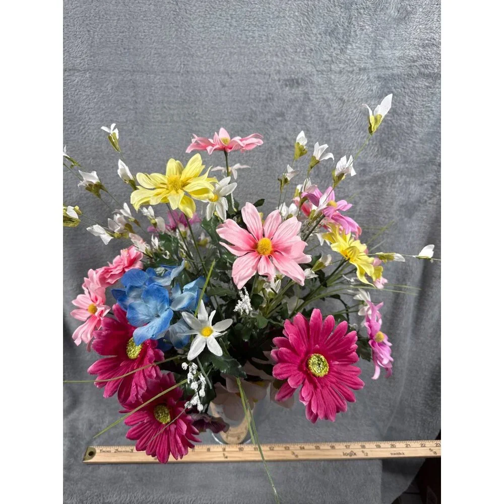 Artificial Floral Arrangement With Pink Yellow Blue & White Flowers In Metal Vas